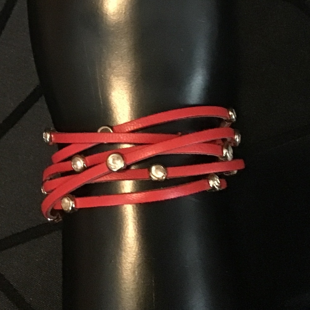 NWT Red faux leather bracelet with clear beads